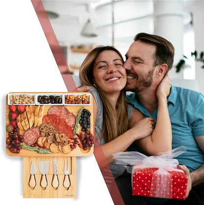 Home Euphoria Large Bamboo Charcuterie Board and Knife Set - Cheese Board with Bowls, Beautiful Gift for Mom