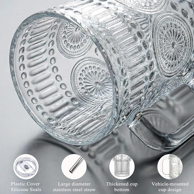 Thick Romantic Glass Cups with Lids and Straws, Vintage Leak Proof Retro Glass - Image 4