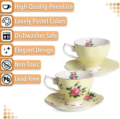 BTaT- Floral Tea Cups and Saucers, 8 oz, Fine Porcelain Teacup Set - Image 4