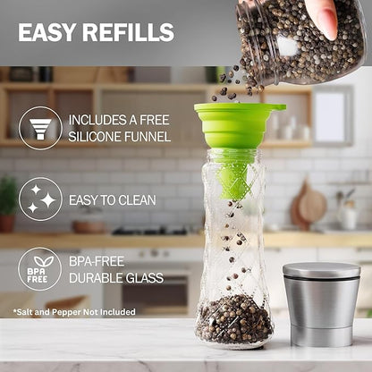 Home EC Original Stainless Steel Sea Salt and Pepper Grinder Set of 2 - Adjustable Ceramic Grinder - Diamond Pattern Glass - Salt and Pepper Shakers - Kitchen Spice Mill - Modern Kitchen Accessories