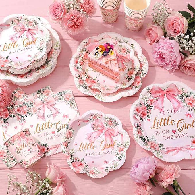 250 Pcs a Sweet Little Girl Is on The Way Baby Shower Plates Napkins | Pink Bow - Image 3