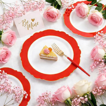 60pcs Red Plastic Plates with Gold Rim - Image 5