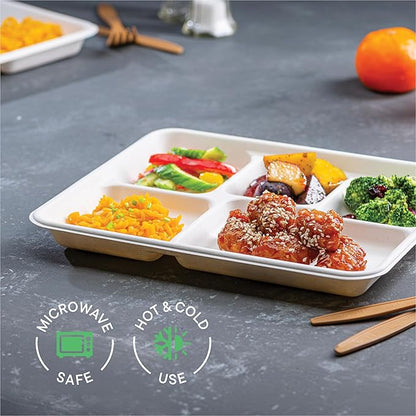 100% Compostable, Large 5 Compartment, Disposable Tray [100-Pack] - [12.5 Inch] Heavy Duty Biodegradable Bagasse Sectional Lunch Trays + Dividers - Divided Platter - (PFAS Free) (BPA Certified)