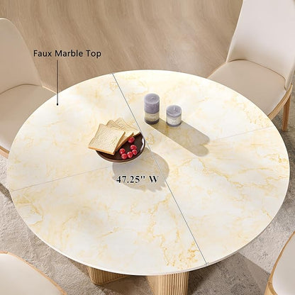 T4TREAM 47" Fluted Round Dining Table for 4-6, Mid-Century Modern Kitchen Table with Thickened Edge & Sturdy Pedestal Base for Kitchen Living Room,Marble & Natural Oak(Table Only)
