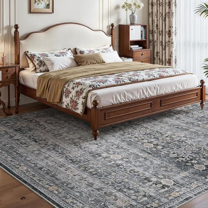 MontVoo-Vintage Area Rug 5X7 Grey Rugs for Living Room-Soft Distressed Printed Rugs for Bedroom-Non Slip Carpet-Machine Washable Rug for Dining Room Living Room Bedside Office