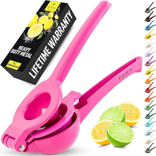 Zulay Kitchen Metal 2-in-1 Lemon Squeezer - Sturdy Max Extraction Hand Juicer Lemon Squeezer Gets Every Last Drop - Easy to Clean Manual Citrus Juicer - Easy-Use Lemon Juicer Squeezer - Dragonfruit