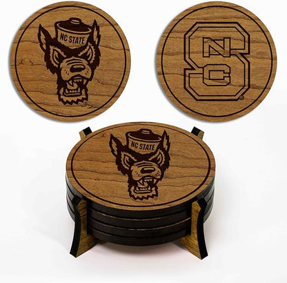 LazerEdge NC State Wolfpack Wooden Coaster Set - Cherry Wood - Officially Licensed Product - 4-Pack
