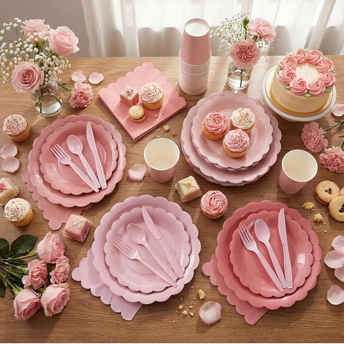 Yaomiao 168 Pcs Dusty Pink Dinnerware Sets Blush Pink Plates Round Disposable - Image 5