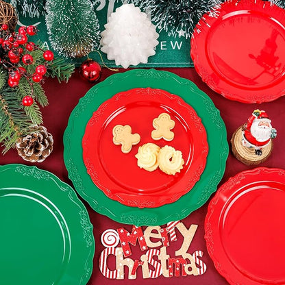 U-QE 100Pcs Christmas Plastic Plates - Green and Red Plate Disposable for Party, Plastic Christmas Plates Disposable Include 50 Red Dessert Plate, 50 Green Dinner Plate Suite for Party