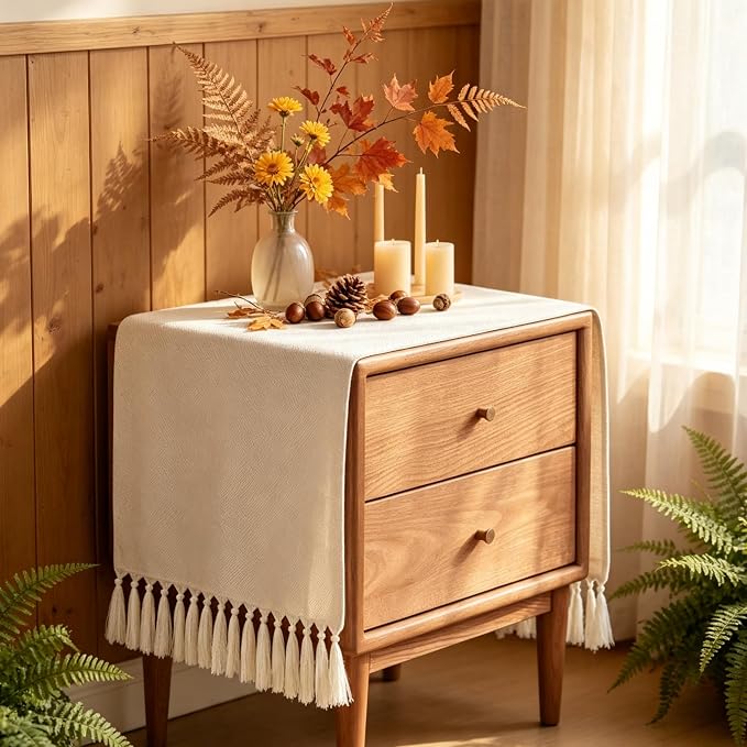 Nightstand Cover 13 x 36 Inch Cream Boho Dresser Cover Top | Short Farmhouse by yuboohomedecorations