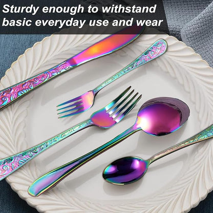 Runfly Vintage Carved Rainbow Stainless Steel 20-Piece Flatware Set | - Image 4
