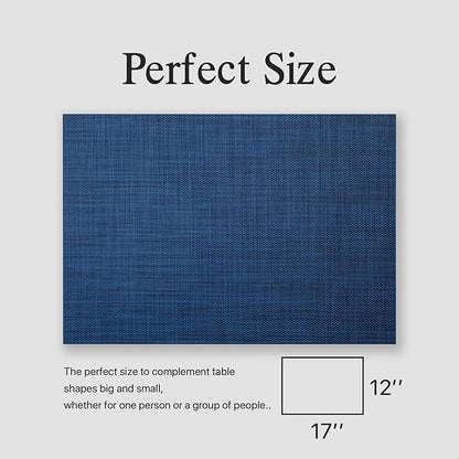 Placemats Set of 6 - Easy Clean Woven Vinyl Placemats for Dining Table, Indoor/Outdoor Place Mats, Washable PVC Table Mats（Navy Blue）