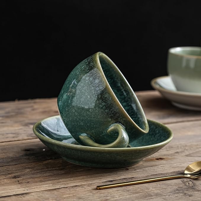 Porcelain Coffee Cup with Saucer Spoon, Vintage Design Ceramic Latte Art - Image 8
