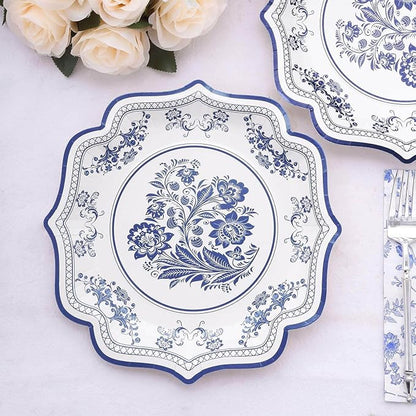50 Pack 10" Light Blue French Toile Dinner Plates, Disposable Round Paper Party Plates 300 GSM for Festive Table Decoration