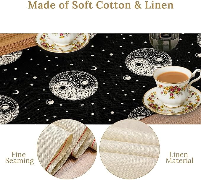 Mystical Celestial Table Runner, Vintage Bohemian Black Yin Yang Symbol Moon - Image 6