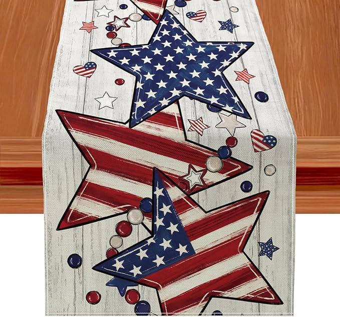Patriotic Table Runner Decor, 4th of July Independence Day Retro American Flag by JVUZIQ