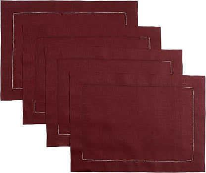D'Moksha Homes Linen Placemats Set of 4 - Classic Hemstitch Dark Red Placemats 14 x 19 Inch - 100% Pure Linen Table Mats for Valentines, Spring - Handcrafted and Machine Washable