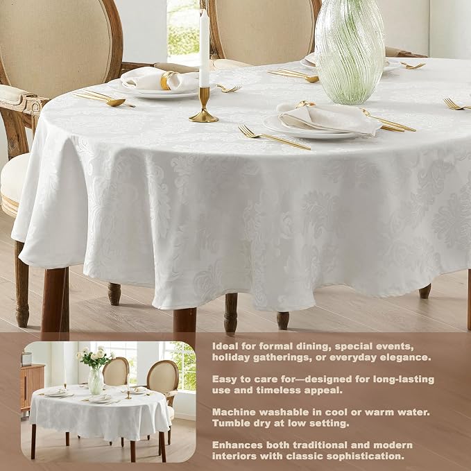 Newbridge Barcelona Luxury Damask Fabric Tablecloth, 60” Wide x 102” Oval - Image 3