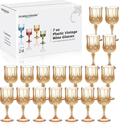 XUWAIDSGN 24 Pcs 7oz Plastic Vintage Wine Glasses Drinking Glasses Unbreakable Wedding Glassware Crystal Water Goblets Reusable Drinkware Vintage Champagne Flutes (24, Amber)