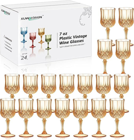 XUWAIDSGN 24 Pcs 7oz Plastic Vintage Wine Glasses Drinking Glasses Unbreakable Wedding Glassware Crystal Water Goblets Reusable Drinkware Vintage Champagne Flutes (24, Amber)