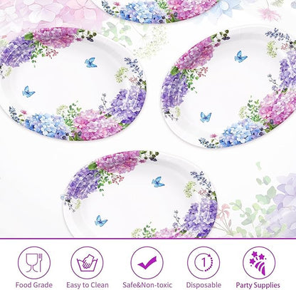 50 Pcs Hydrangea Flowers Oval Paper Plates Large 10"x12" Blue Purple Pink Hydrangea Floral Plates Disposable Heavy Duty Flower Plate for Spring Wedding Bridal Baby Shower Decoration Tea Party Supplies