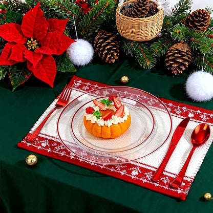 SUT 350 Pcs Red and Clear Plastic Dinnerware Set for 50 Guests, Include: 50 Dinner Plates, 50 Dessert Plates, 50 Pre Rolled Napkins With Silverware, 50 Cups, Disposable Plates for Party