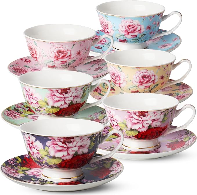 BTaT- Floral Tea Cups and Saucers, 8 oz, Fine Porcelain Teacup Set - Image 9