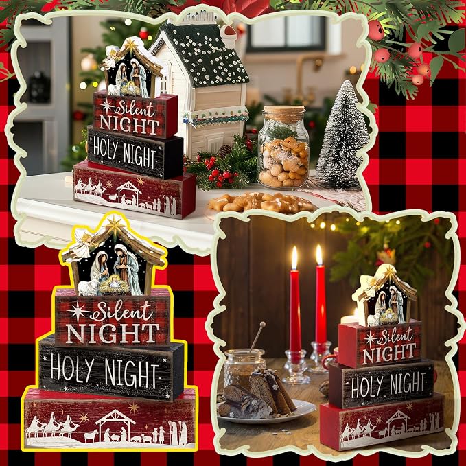 Moucuny 4 Pcs Christmas Table Decor Wooden Christian Religious Decoration - Image 7
