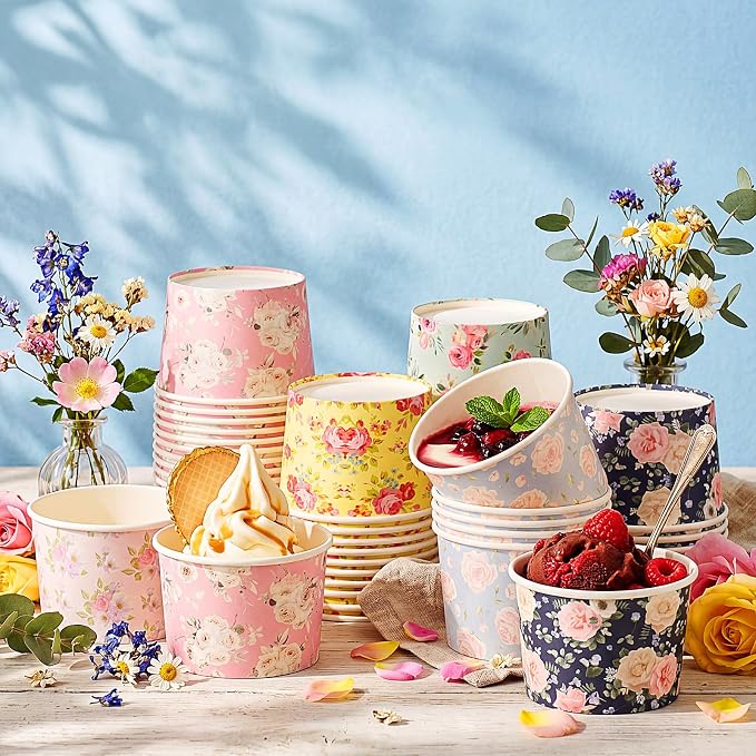 CHENGU 180 Pcs Floral Snack Cups 9 oz Disposable Floral Paper Dessert Bowls - Image 6