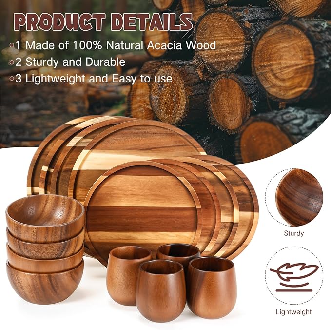 16 Pcs Acacia Wood Dinnerware Set, Round Wooden Plates, Solid Wooden Bowls and - Image 4