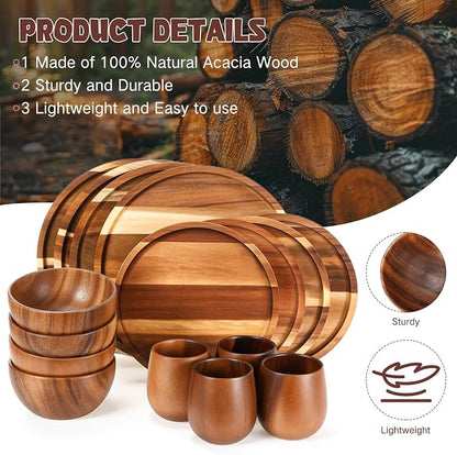 16 Pcs Acacia Wood Dinnerware Set, Round Wooden Plates, Solid Wooden Bowls and - Image 4