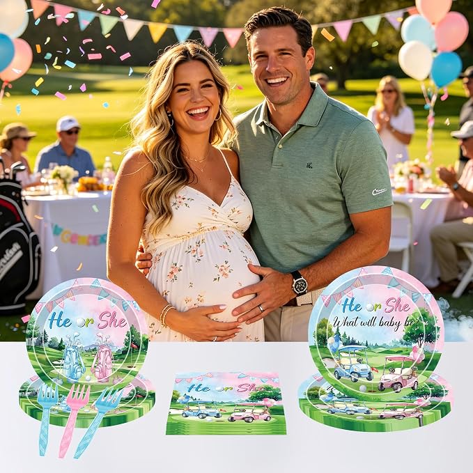 96 Pcs Golf Gender Reveal Decorations, He or She Tableware Set | Golf Cart Theme - Image 6
