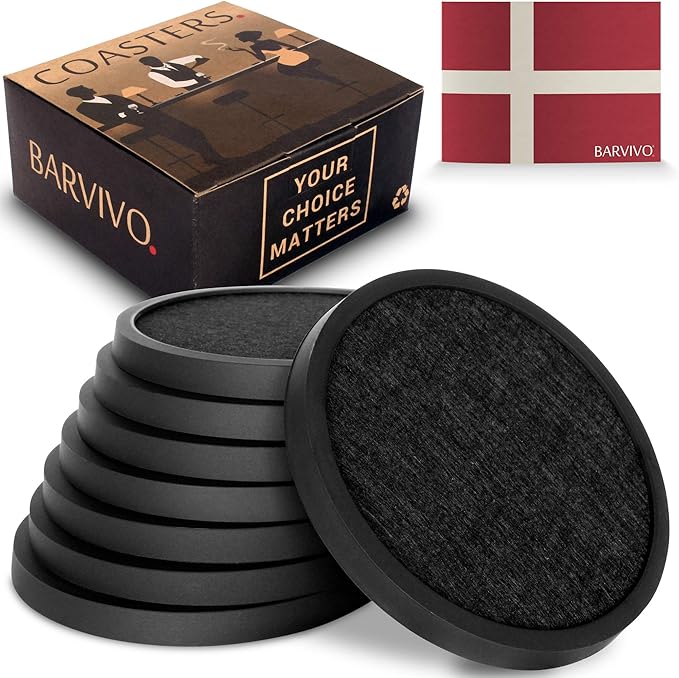 Barvivo Silicone Coasters for Drinks - Set of 8 Modern Bar Coasters with Removable Felt Pad - Durable Drink Coasters for Tabletop Protection - Suitable for Drinks, Coffee & All Table Types - Black