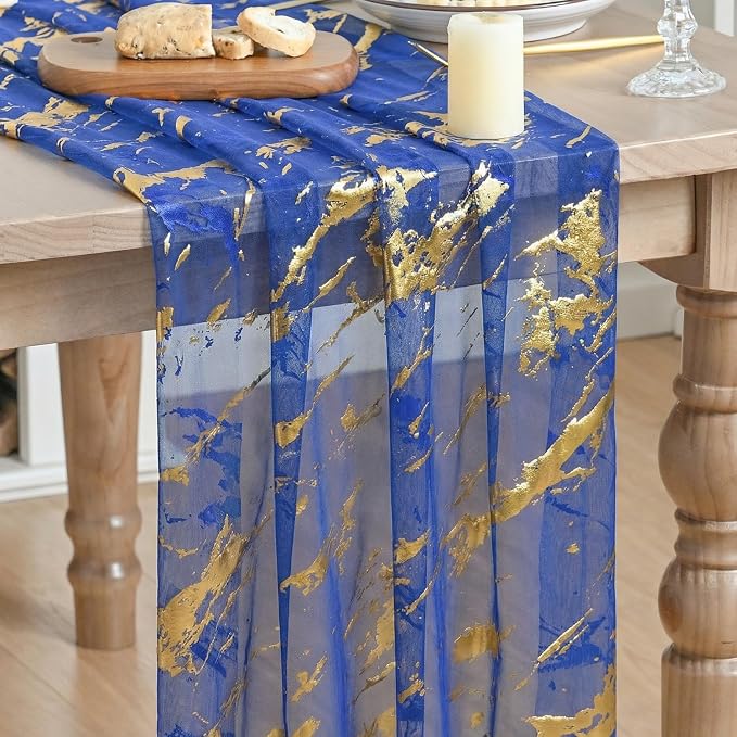 Artoid Mode Marble Pattern Dark Blue Gauze Table Runner 10FT, Glitter Metallic by ArtoidMode
