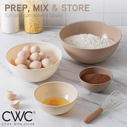 COOK WITH COLOR Mixing Bowls with TPR Lids - 12 Piece Plastic Nesting Bowls Set includes 6 Prep Bowls and 6 Lids, Microwave Safe (Brown)