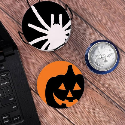 Drink Coasters for Drinks Set of 6, Green Black Orange Halloween Absorbent Round Ceramic Stone Mat Coaster, with Cork Base and Metal Holder, Home Bar Decor House Warming Gift