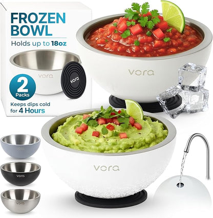 Vora 18oz Dip Chiller Bowl | 2 Pack White Stainless Steel Chilled Dip Bowl for Dips, Guacamole, Hummus, Salsa | Insulated Serving Dishes with Easiest Water Fill & Refillable Chamber