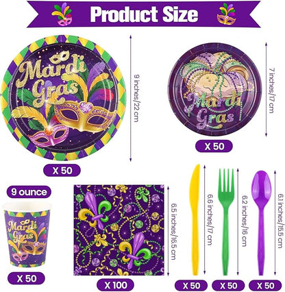 Kochorie 400 Pieces Mardi Gras Disposable Party Tableware Sets, Masquerade Table Decorations Including Plates Cups Napkins Cutlery Serves 50 for Carnival Birthday Mardi Gras Party Supplies