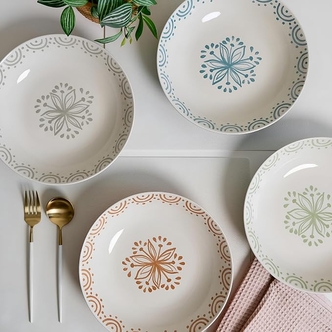 Sango 4-Piece Speckled Stoneware Pasta Bowl Set- Wide Shallow Dinner Bowls - Image 3