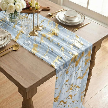 Artoid Mode Marble Pattern Light Blue Gauze Table Runner 10FT, Glitter Metallic - Image 4
