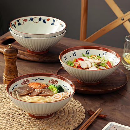 8 Inch Ramen Bowls Set of 4 with Spoon, 38 Oz Soup Bowls for Noodle,Udon,Vintage Japanese Style, Microwave & Dishwasher Safe