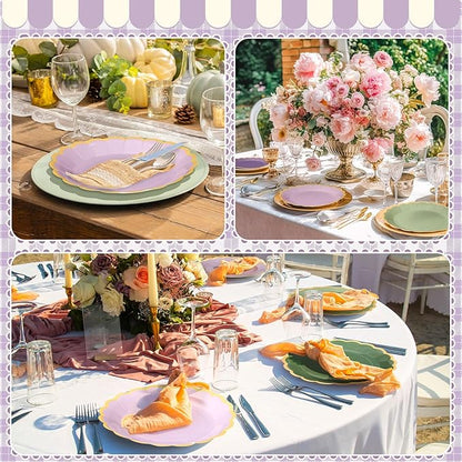 96 Pcs Sage Green Purple Paper Plates 9 Inch Lavender Scalloped Paper Disposable Dinner Dessert Plates for Birthday Wedding Bridal Party Supplies, 6 Colors