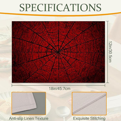 Cloth Placemats,Red Spider Web Fabric Placemats Set of 6,Washable Gothic Table Mats,Decorative Place Mats for Dining Home Kitchen Holiday Party 11.8x17.7 Inch