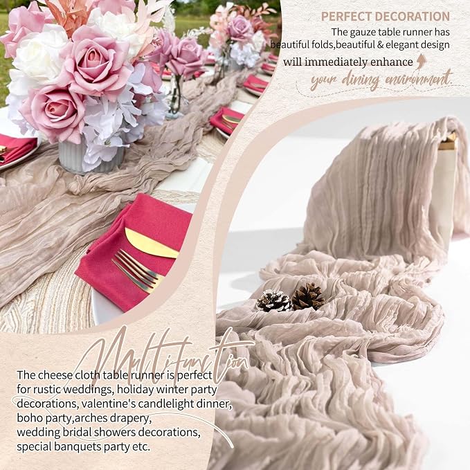 Showgeous 2 Pack Rosy Brown Cheesecloth Table Runners Boho Wedding Decor | - Image 6
