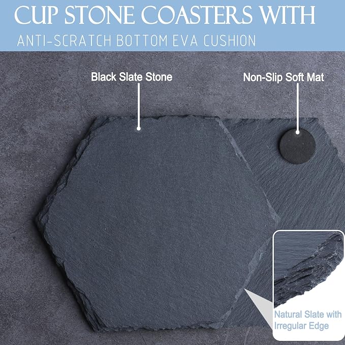 Black Stone Coasters Set of 2, Nature Slate Drink Coasters Anti-Scratch - Image 2