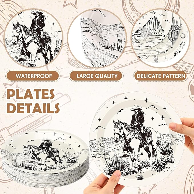 60 Pcs 7 Inch Western Cowgirl Cowboy Baby Shower Paper Plates Wild West Rodeo Decorations Tableware Dessert Dinner Plates for Rodeo Bachelorette and Birthday Party Supplies