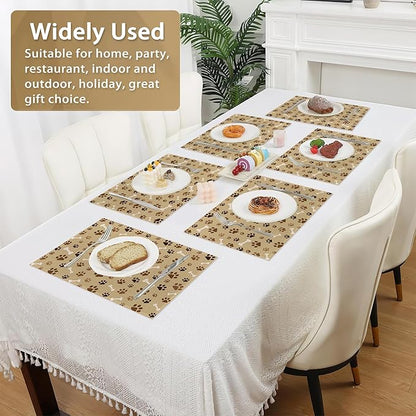 Dog Cat Paw Print Bones Placemats Set of 6,12x18 Inch Table Mats for Kitchen Table Washable Farmhouse Linen Table Mats Dining Decoration