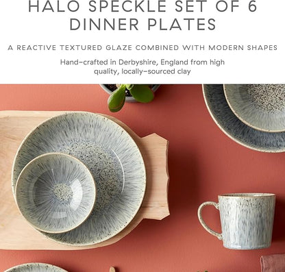 Denby - Halo Speckle Dinner Plates Set of 6-10.25 Inch Dishwasher Microwave Oven Safe - Scratch Chip Resistant - Grey, Neutral, Blue Large Ceramic Stoneware Dinnerware Plates Set