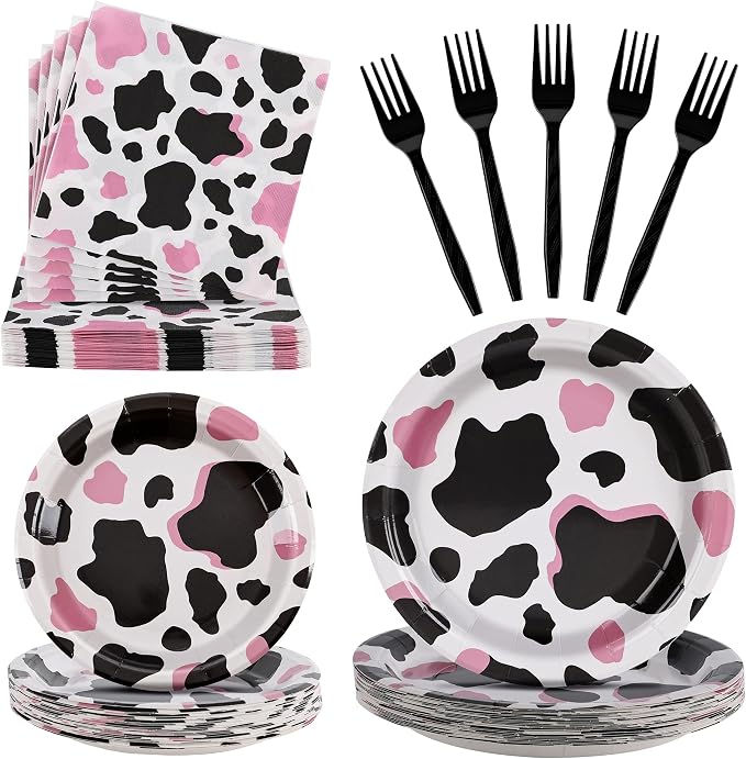100 Pcs Disposable Pink Cow Print Tableware Set by Unknown