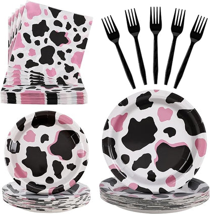100 Pcs Disposable Pink Cow Print Tableware Set by Unknown